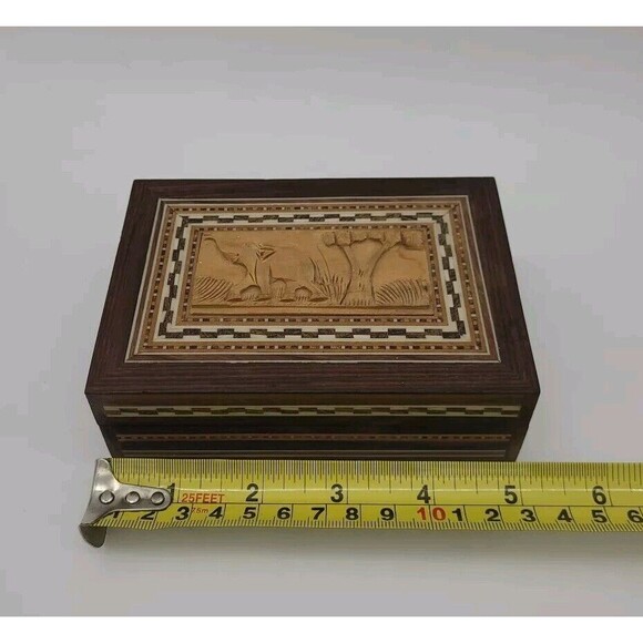 Trinket Box Elephant Tree Wooden Carved Inlaid 5" Box Trinket Box Lined - Picture 7 of 11